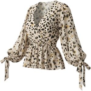 ASOS Leopard Print Wrap Peplum Blouse Balloon Sleeve V-Neck Top US 12 Mob Wife
